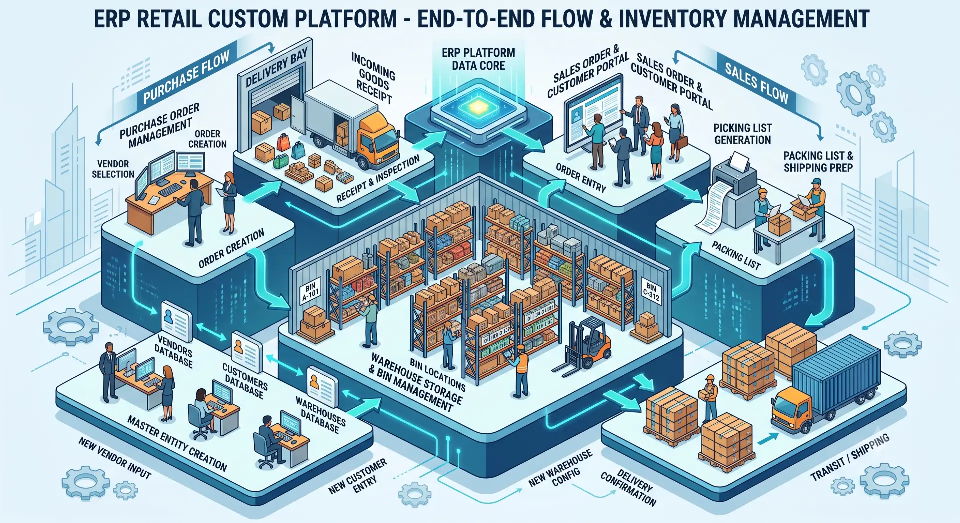 Illustration of an end-to-end retail ERP covering purchasing, inventory, sales, and shipping