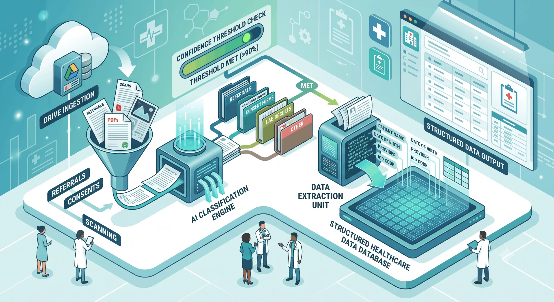 Illustration of healthcare document ingestion, AI classification, data extraction, and structured output